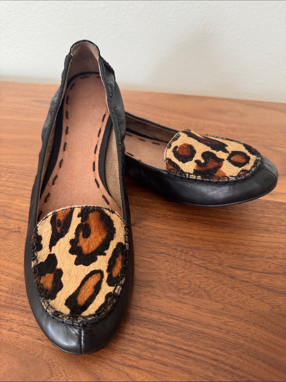b. makowsky Black Flats with Leopard Print Toe